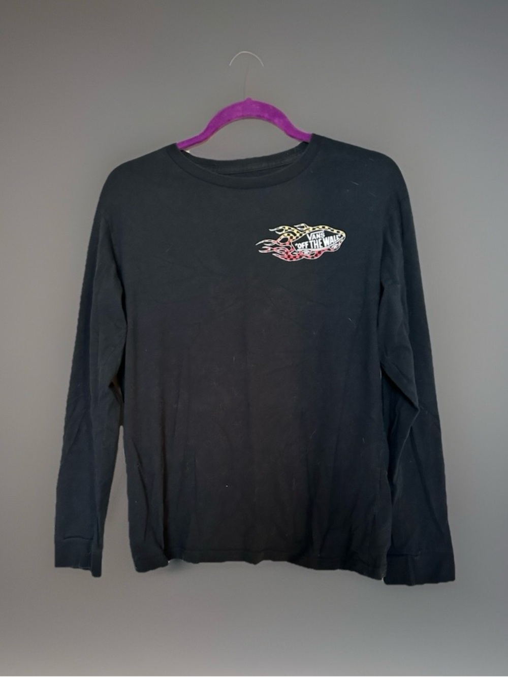 Vans Black Long Sleeve Tee with Multicolor Flame Chest Logo Sz 14